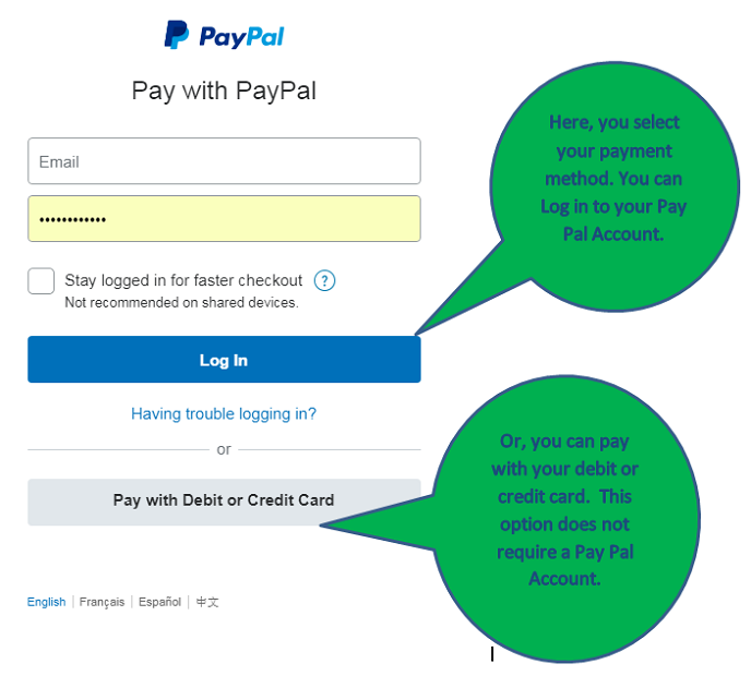  image of second screen logging in with PayPal or Pay with debit or Credit